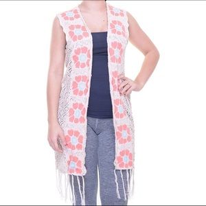 Oh MG Boho Mod Floral Fringe Crocheted Duster Vest